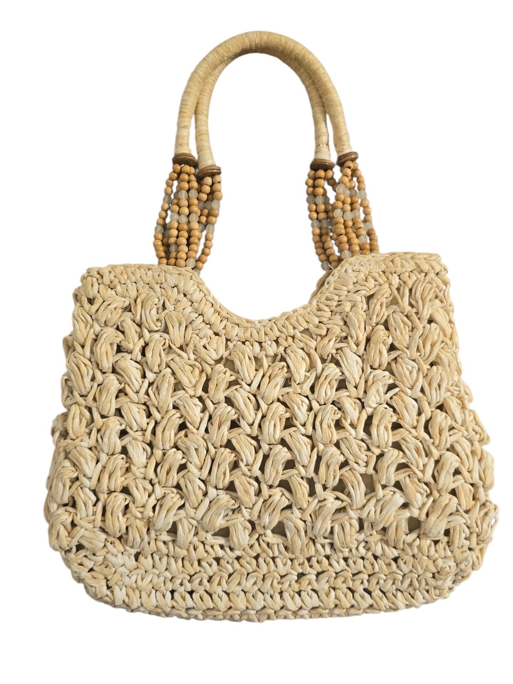 Cappeli Woven Natural Raffia Tote Bag with Beaded Handles
